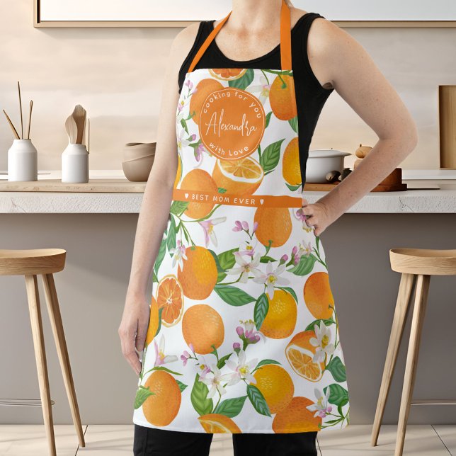 Orange Citrus Pattern Watercolor Best Mum Name  Apron (Orange Citrus Pattern Watercolor Best Mom Name Apron)