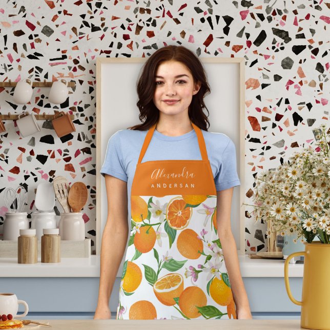 Orange Citrus Script Name Home Cook Apron (Orange Citrus Watercolor Script Name Stylish Chef Apron)
