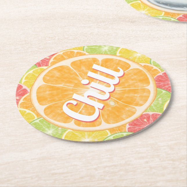 Orange Citrus Slices Chill Round Paper Coaster (Angled)