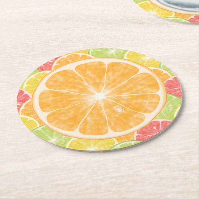 Orange Citrus Slices Round Paper Coaster (Angled)