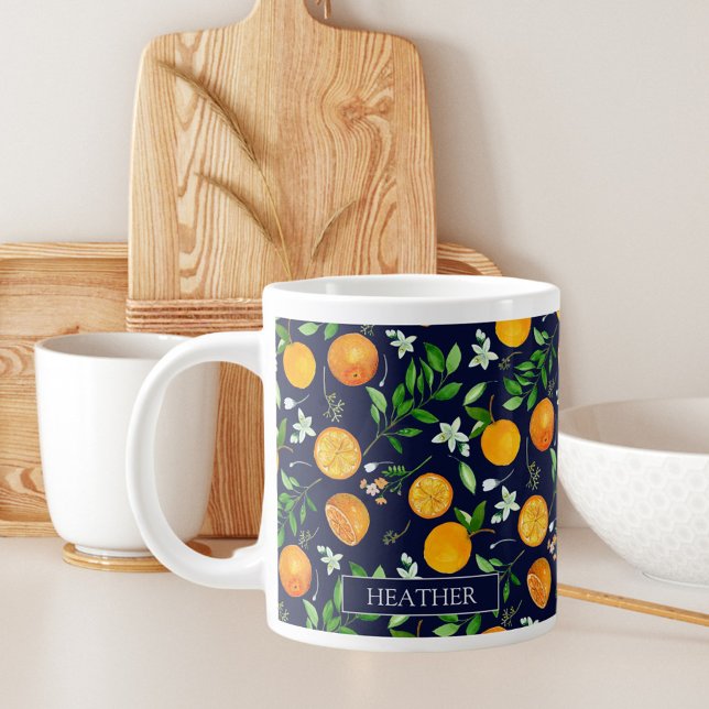 Orange Citrus Summer Floral Botanical Pattern Large Coffee Mug (In situ)