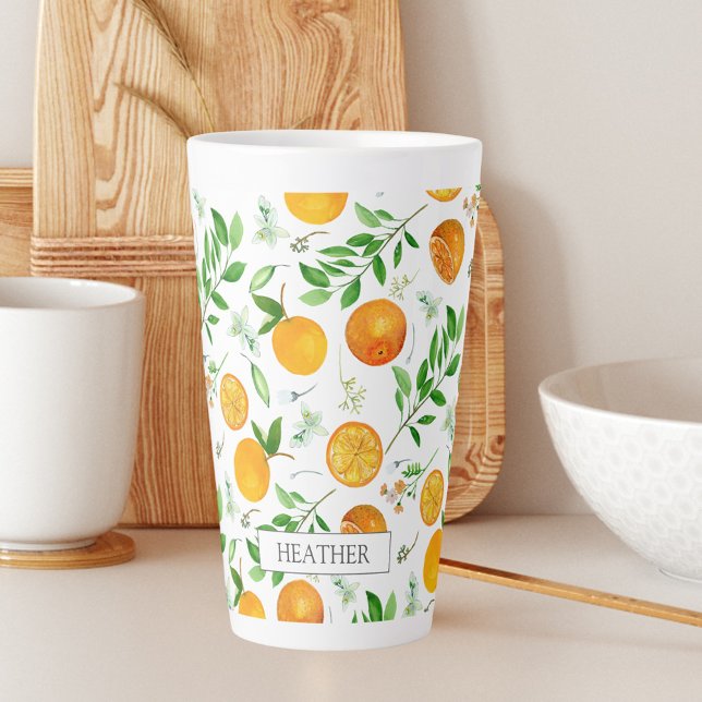 Orange Citrus Summer Floral Botanical Pattern Latte Mug (In situ)