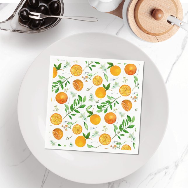 Orange Citrus Summer Floral Botanical Pattern Napkin (In situ)