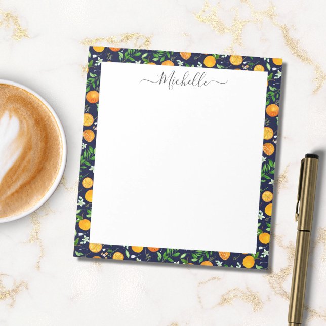 Orange Citrus Summer Floral Botanical Pattern Notepad (In situ)