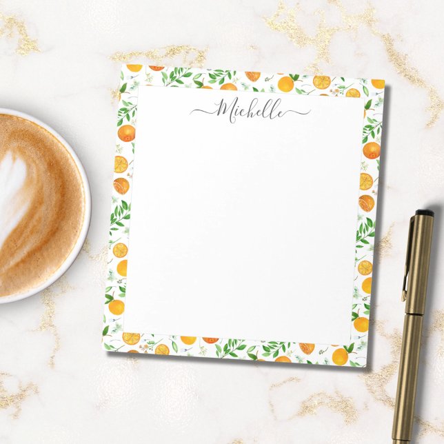 Orange Citrus Summer Floral Botanical Pattern Notepad (In situ)