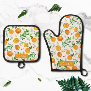 Orange Citrus Summer Floral Botanical Pattern Oven Mitt & Pot Holder Set