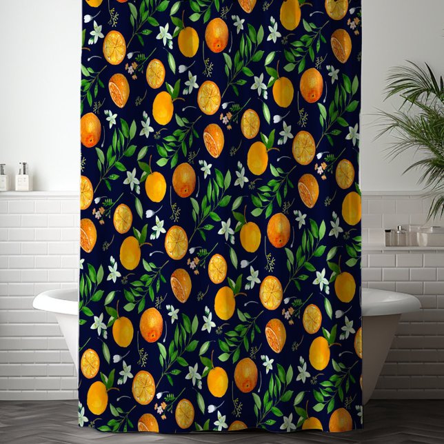 Orange Citrus Summer Floral Botanical Pattern Shower Curtain (In situ)