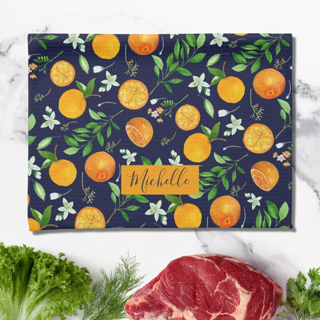 Orange Citrus Summer Floral Botanical Pattern Tea Towel (In situ)