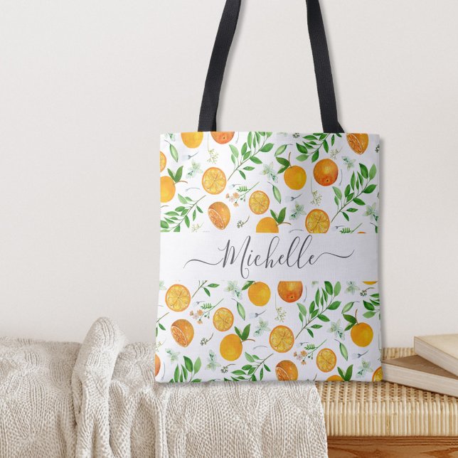 Orange Citrus Summer Floral Botanical Pattern Tote Bag (In situ)