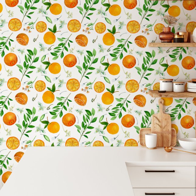 Orange Citrus Summer Floral Botanical Pattern Wallpaper (In situ)