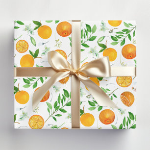 Orange Citrus Summer Floral Botanical Pattern Wrapping Paper Sheet