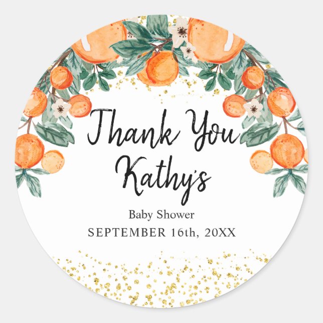 Orange Citrus Summer Thank you Baby Shower Classic Round Sticker (Front)