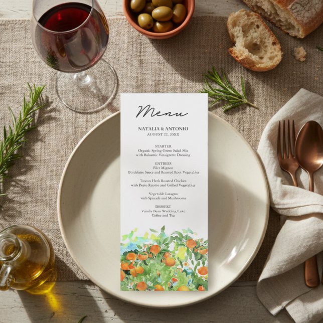 Orange Citrus Tree Blossom Watercolor Wedding Menu (Creator Uploaded)