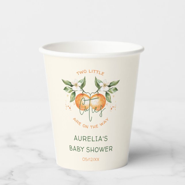 Orange Citrus Two Little Cuties Twin Baby Shower Paper Cups (Front)