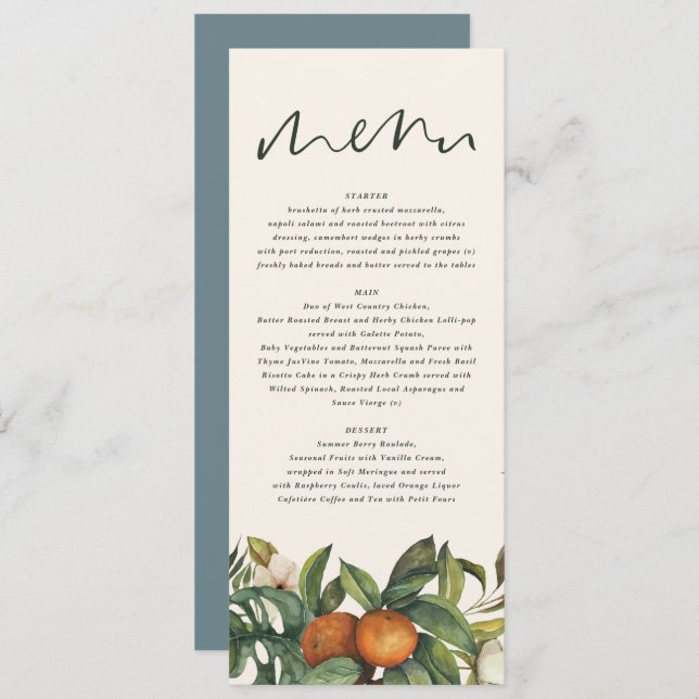Orange citrus watercolor botanical floral wedding menu (Front/Back)