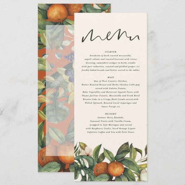 Orange citrus watercolor botanical floral wedding menu (Front/Back)