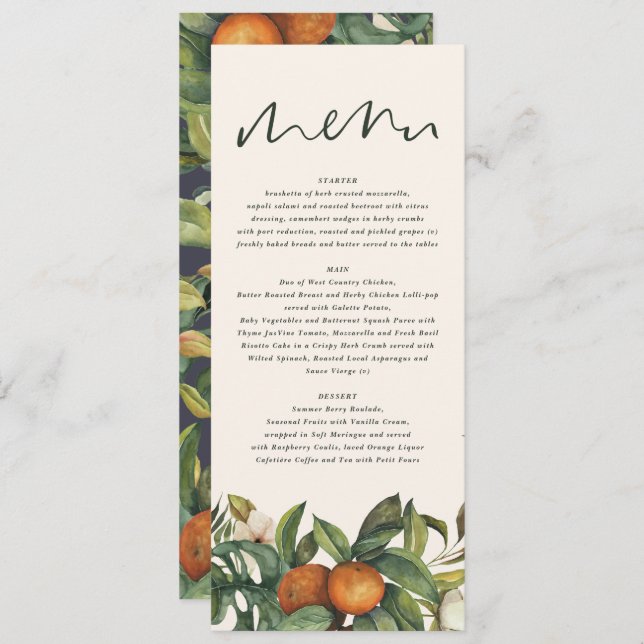 Orange citrus watercolor botanical floral wedding menu (Front/Back)