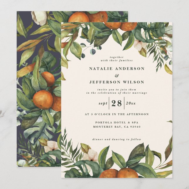 Orange citrus watercolor botanical modern wedding (Front/Back)