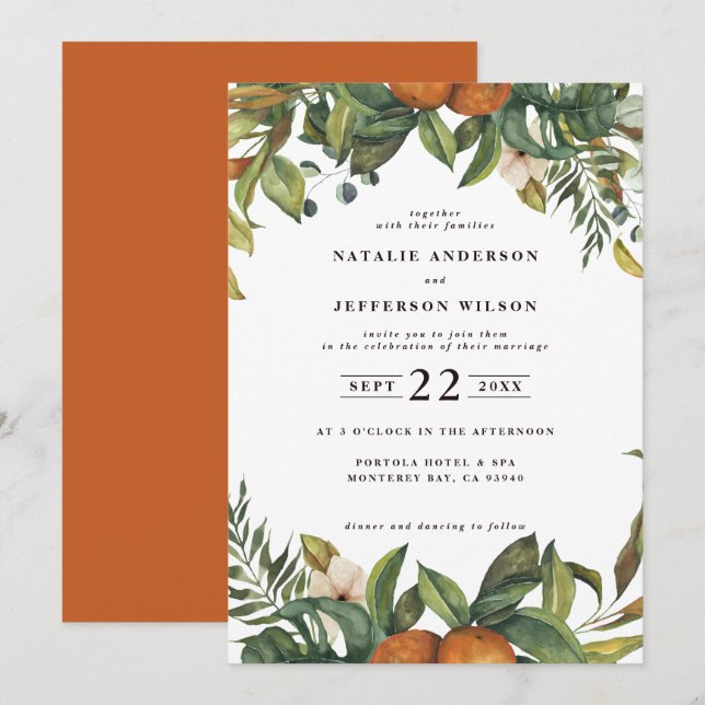 Orange citrus watercolor botanical wedding save the date (Front/Back)