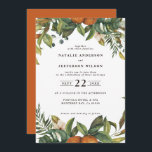 Orange citrus watercolor botanical wedding save the date<br><div class="desc">Orange citrus watercolor floral and foliage wedding save the date card. Beautiful handprinted floral watercolors and modern script text. Modern on trend rust colour.</div>