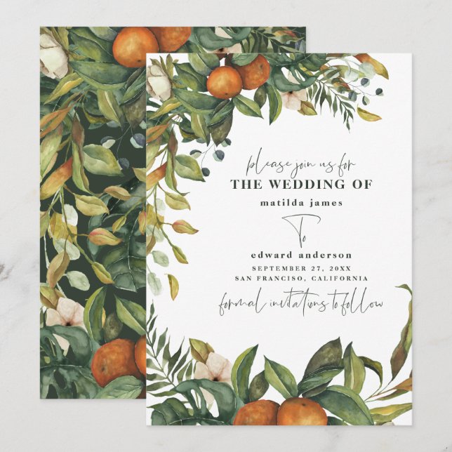 Orange citrus watercolor botanical wedding save the date (Front/Back)