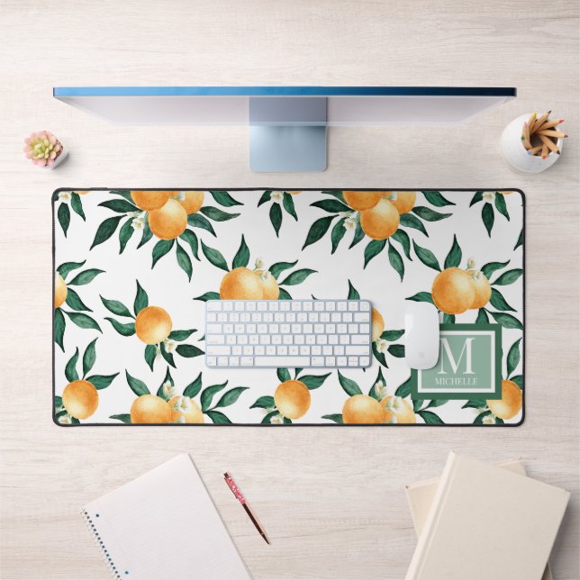 Orange Citrus Watercolor Monogram Name Desk Mat (Office 1)
