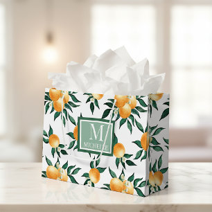 Orange Citrus Watercolor Monogram Name Large Gift Bag