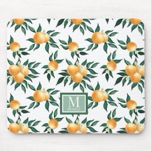 Orange Citrus Watercolor Monogram Name Mouse Mat