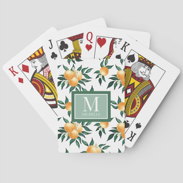 Orange Citrus Watercolor Monogram Name Playing Cards (Back)