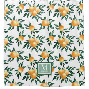 Orange Citrus Watercolor Monogram Name Shower Curtain