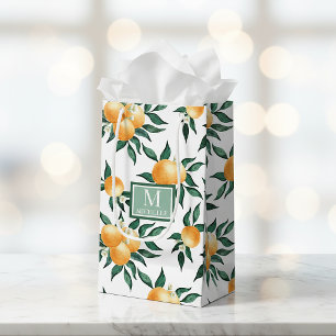 Orange Citrus Watercolor Monogram Name Small Gift Bag