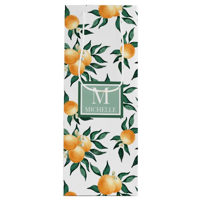 Orange Citrus Watercolor Monogram Name Wine Gift Bag (Front)