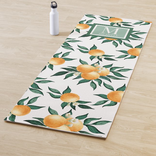 Orange Citrus Watercolor Monogram Name Yoga Mat (In Situ)