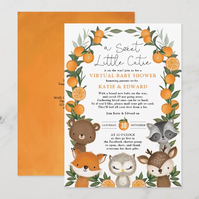 Orange Citrus Woodland Animals Virtual Baby Shower Invitation (Front/Back)