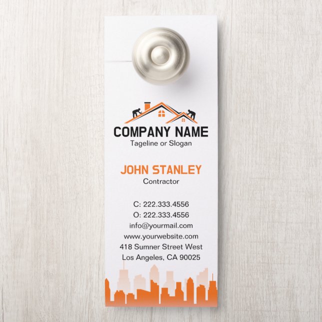 Orange Cityscape Home Builder Construction Door Hanger (On Knob)