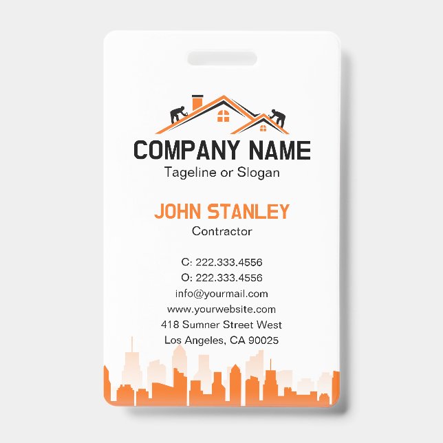 Orange Cityscape Home Builder Construction ID Badge (Front)