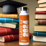 Orange Class of 2024 Personalised Graduation Water Bottle<br><div class="desc">This classic orange custom senior graduate water bottle features bold white typography reading class of 2024 in varsity letters for a high school or college graduation party keepsake gift. Customise with your name in elegant cursive script underneath for a great commemorative favour.</div>