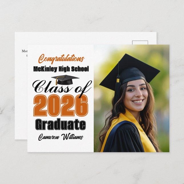 Orange Class of 2026 Graduate Photo Graduation Announcement Postcard (Front/Back)