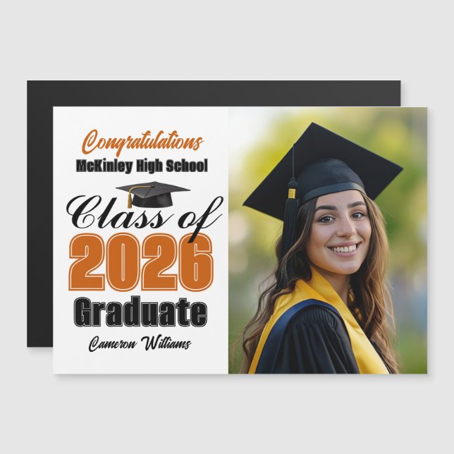 Orange Class of 2026 Graduation Photo Magnet Card (Front/Back)