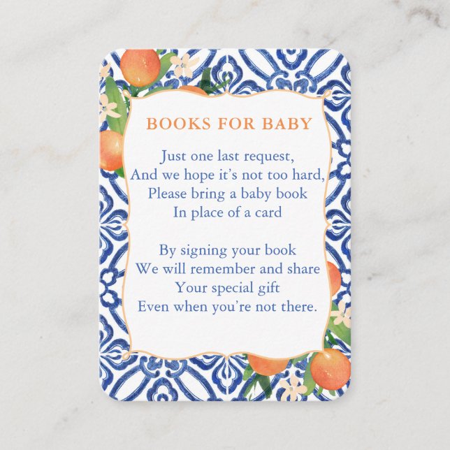 Orange Classic Blue Baby Shower Bring A Book Enclosure Card (Front)