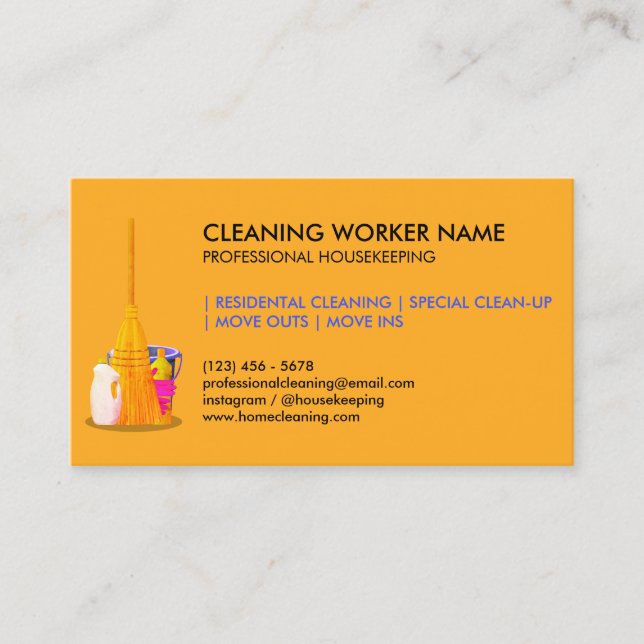 Orange Cleaning Service Housekeeper Janitorial Business Card (Front)