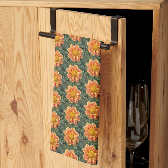 Orange Collarette Dahlia Floral Pattern Tea Towel (Thirds Fold)