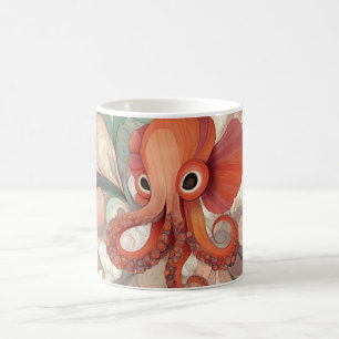 orange-colored octopus with large eyes and swirlin coffee mug