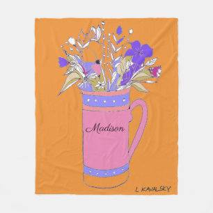 Orange Colorful Flowers In Mug womens Fleece Blanket