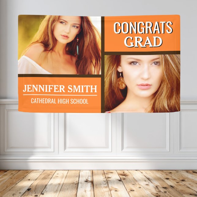 Orange Colour Block Modern Photo Graduation Party Banner (Creator Uploaded)