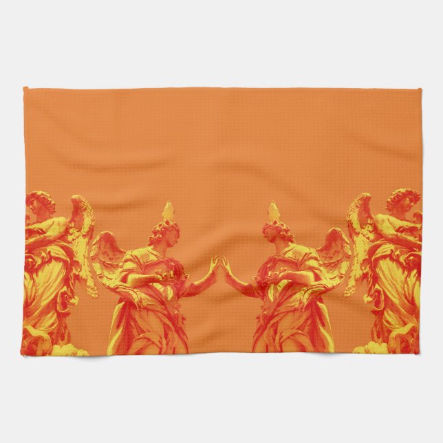 Orange colour digital art with sculptures tea towel (Horizontal)