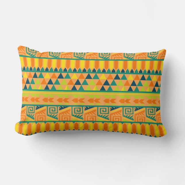 Orange Colourful Abstract Aztec Tribal Print Pattr Lumbar Cushion (Front)