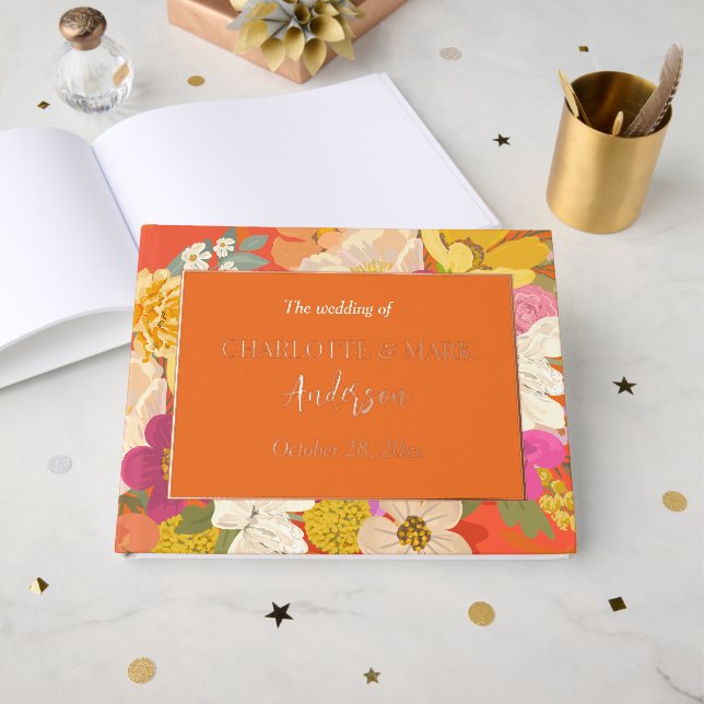 Orange Colourful Summer Floral Garden Wedding  Guest Book (Front Open)