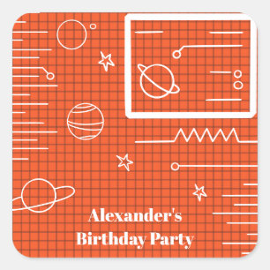 Orange Computer Screen Spacecraft Planet and Star Square Sticker