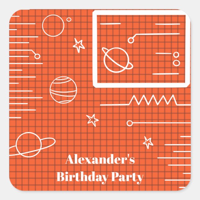 Orange Computer Screen Spacecraft Planet and Star Square Sticker (Front)